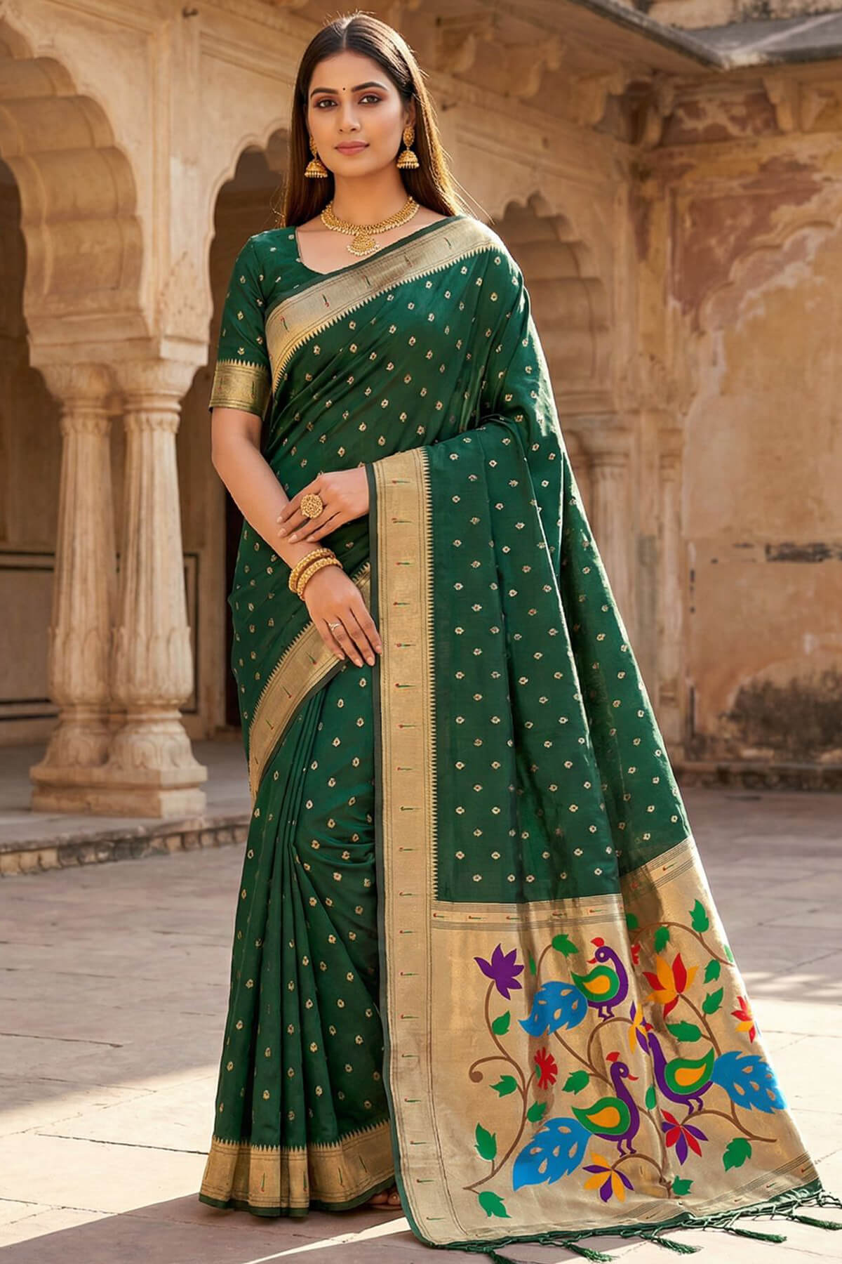 Felicitous Dark Green Paithani Silk Saree With Surpassing Blouse Piece