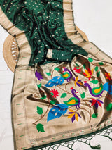 Felicitous Dark Green Paithani Silk Saree With Surpassing Blouse Piece