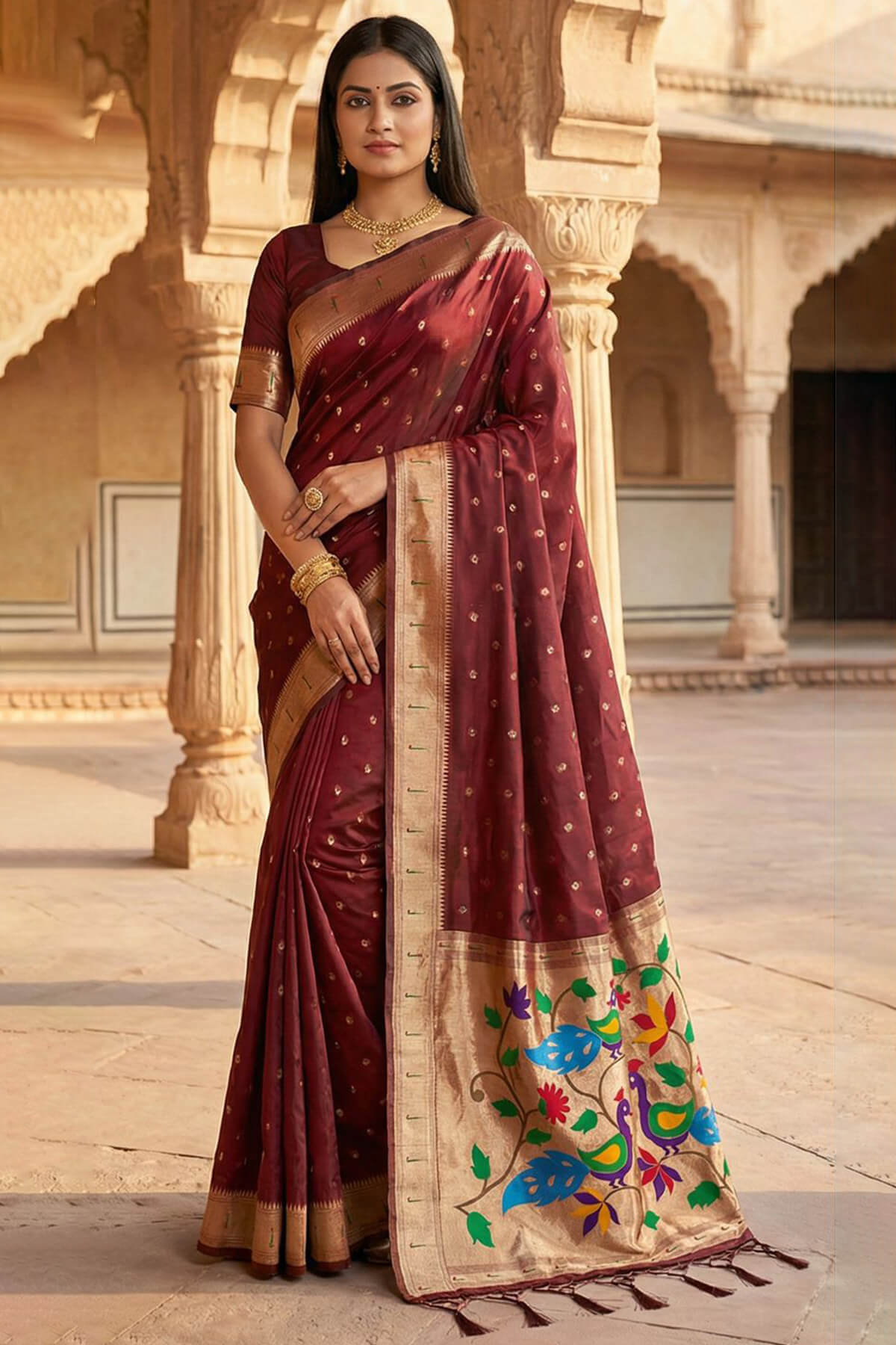 Adorning Maroon Paithani Silk Saree With Enamoring Blouse Piece