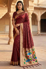 Adorning Maroon Paithani Silk Saree With Enamoring Blouse Piece