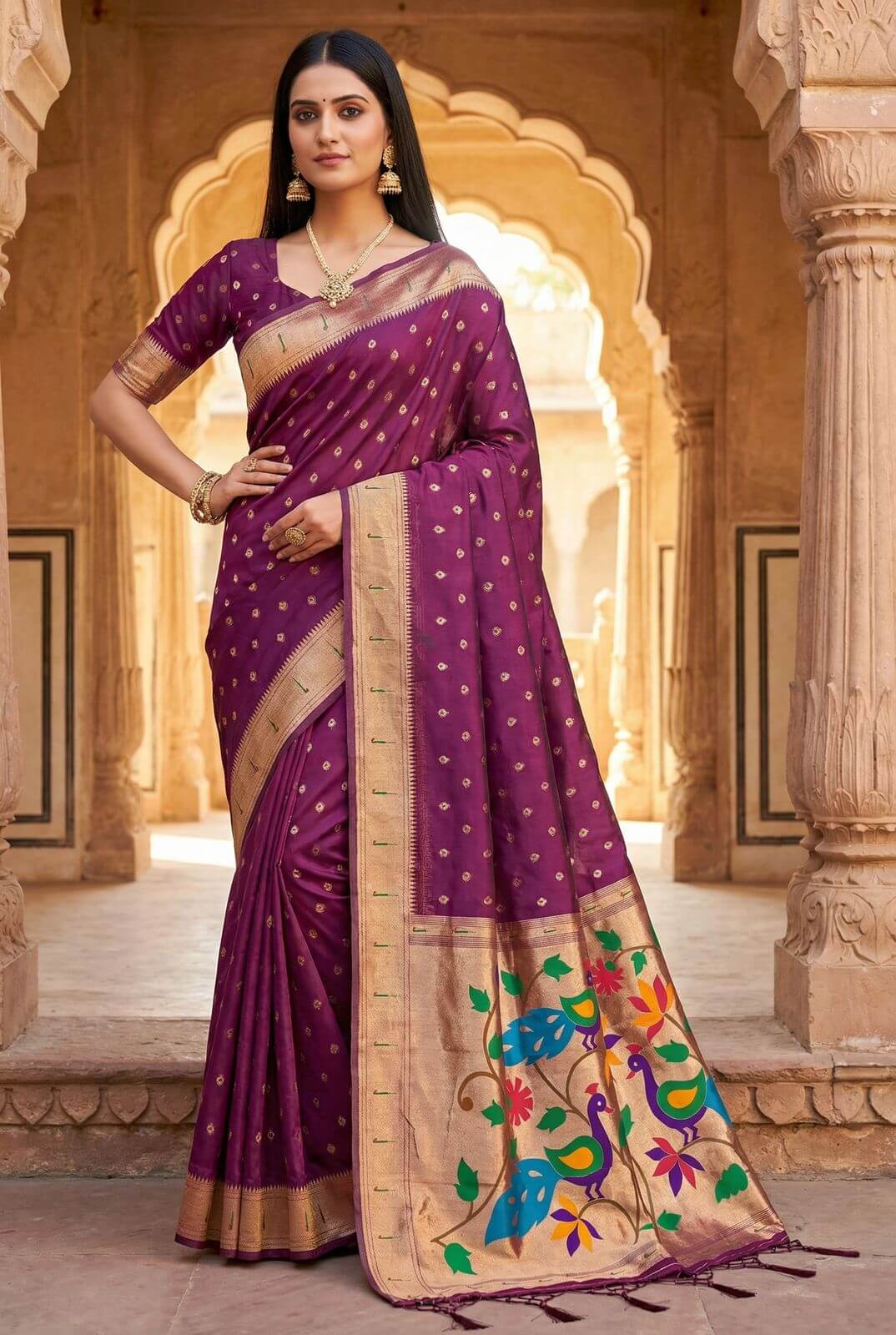 Blooming Purple Paithani Silk Saree With Pleasurable Blouse Piece