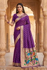Intricate Royal Purple Paithani Silk Saree With Fairytale Blouse Piece