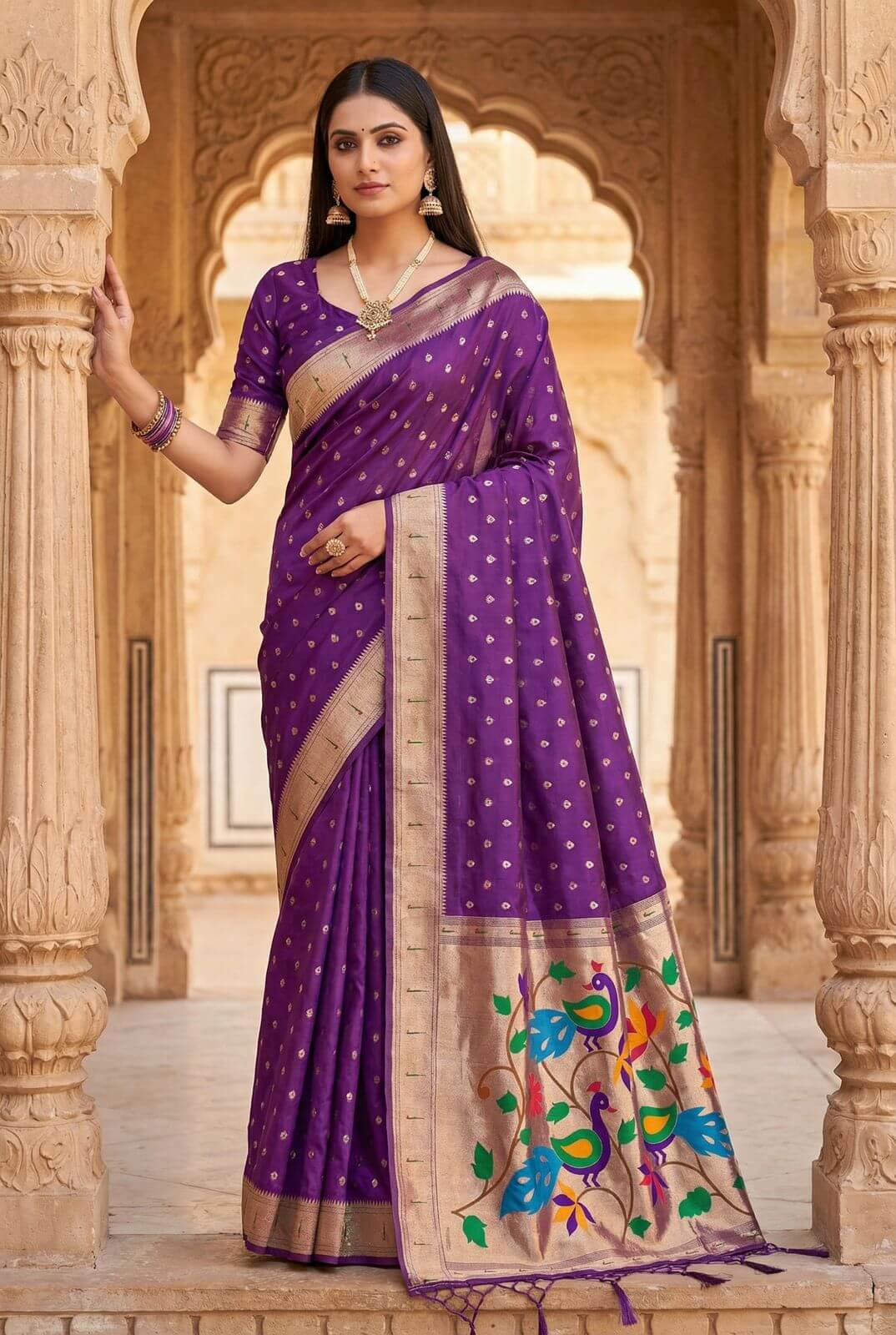 Intricate Royal Purple Paithani Silk Saree With Fairytale Blouse Piece