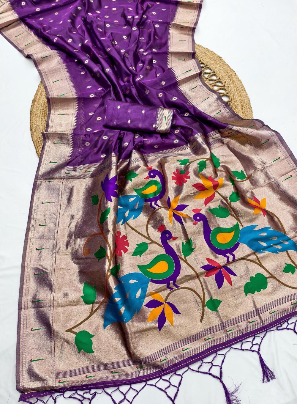 Intricate Royal Purple Paithani Silk Saree With Fairytale Blouse Piece