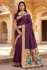 Vestigial Wine Paithani Silk Saree With Devastating Blouse Piece