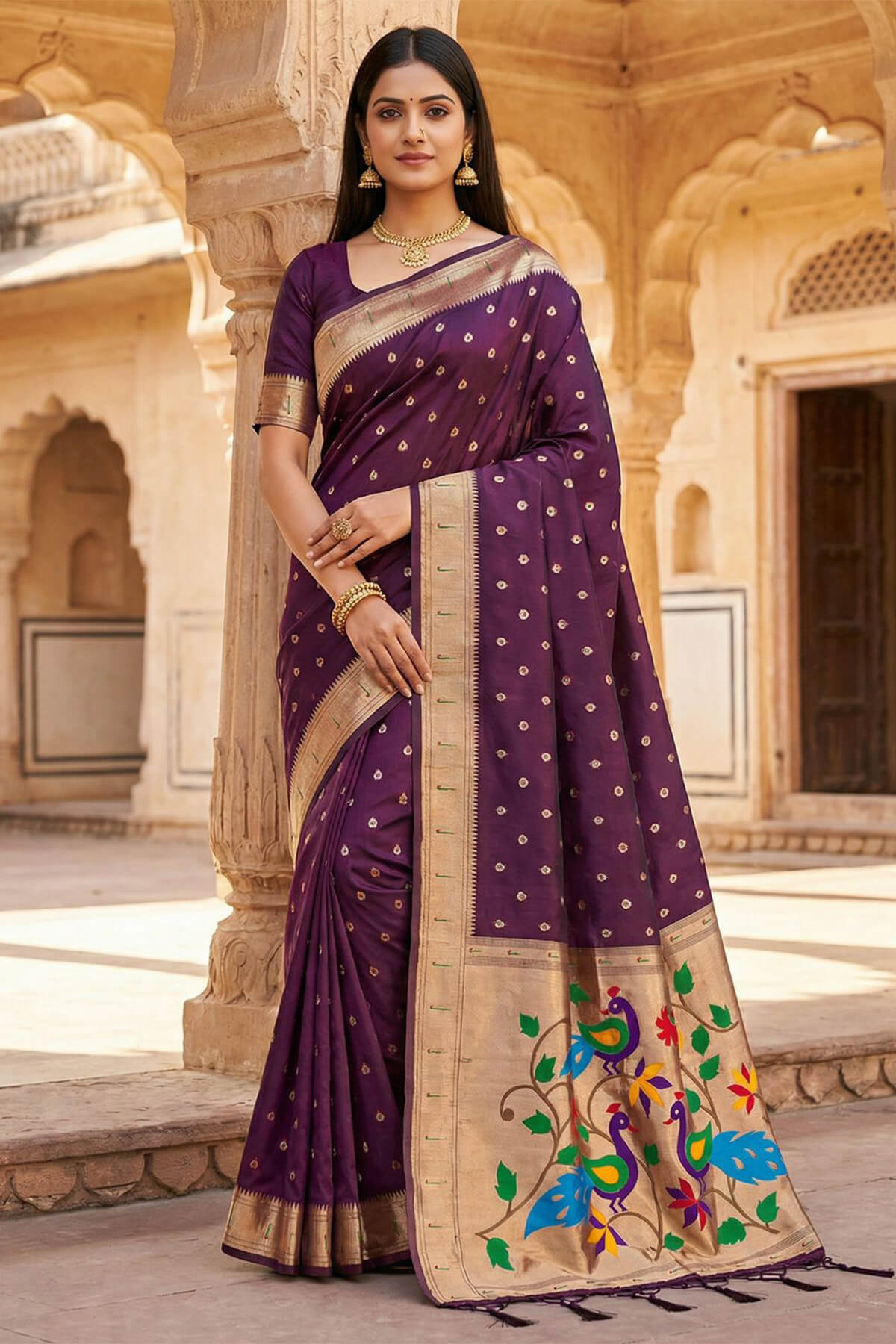 Vestigial Wine Paithani Silk Saree With Devastating Blouse Piece