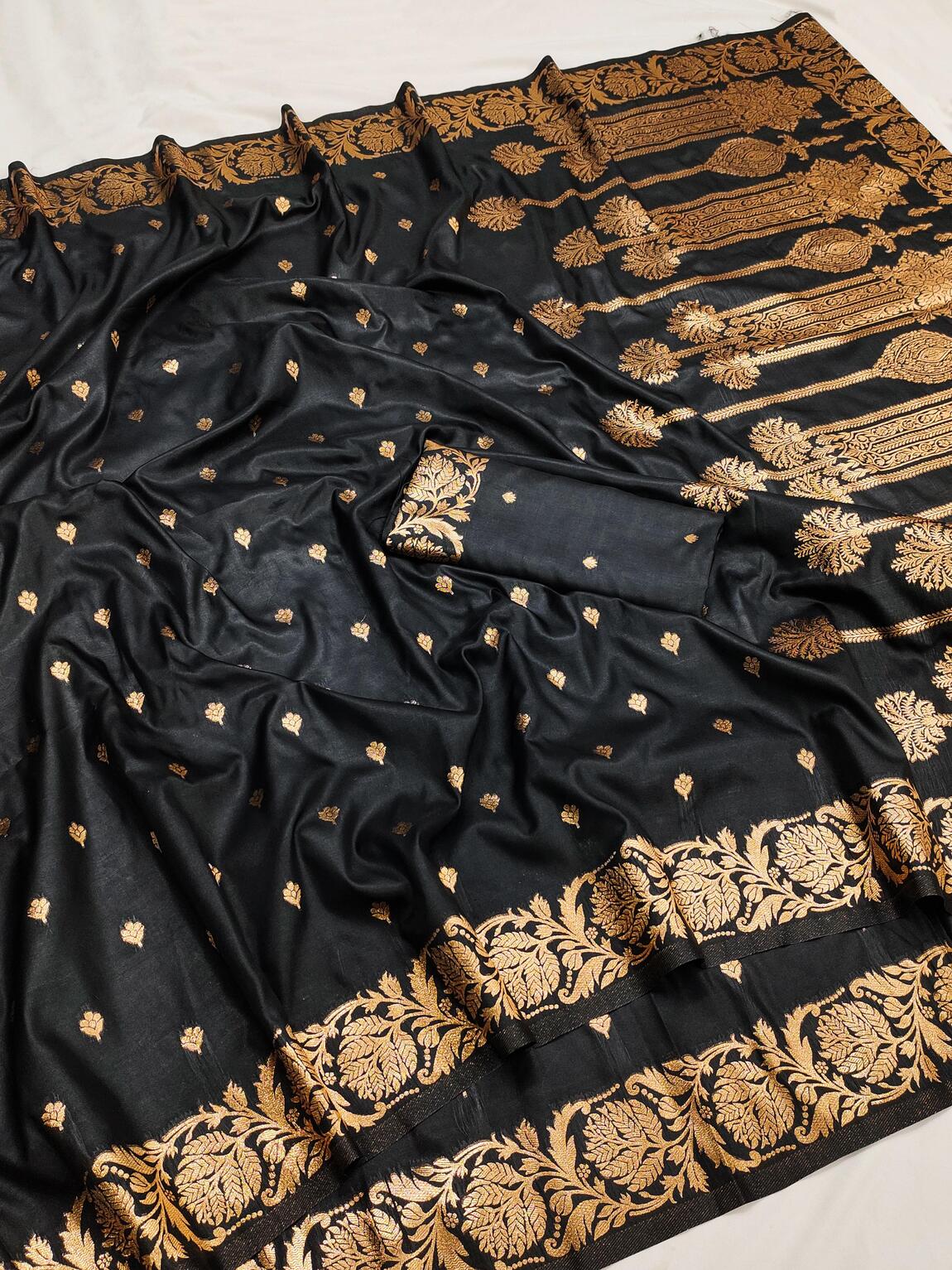 Appealing Black Soft Banarasi Silk Saree With Angelic Blouse Piece