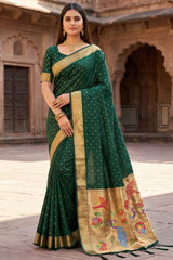 Ineffable Dark Green Organza Paithani Silk Saree With Tremendous Blouse Piece
