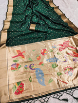 Ineffable Dark Green Organza Paithani Silk Saree With Tremendous Blouse Piece