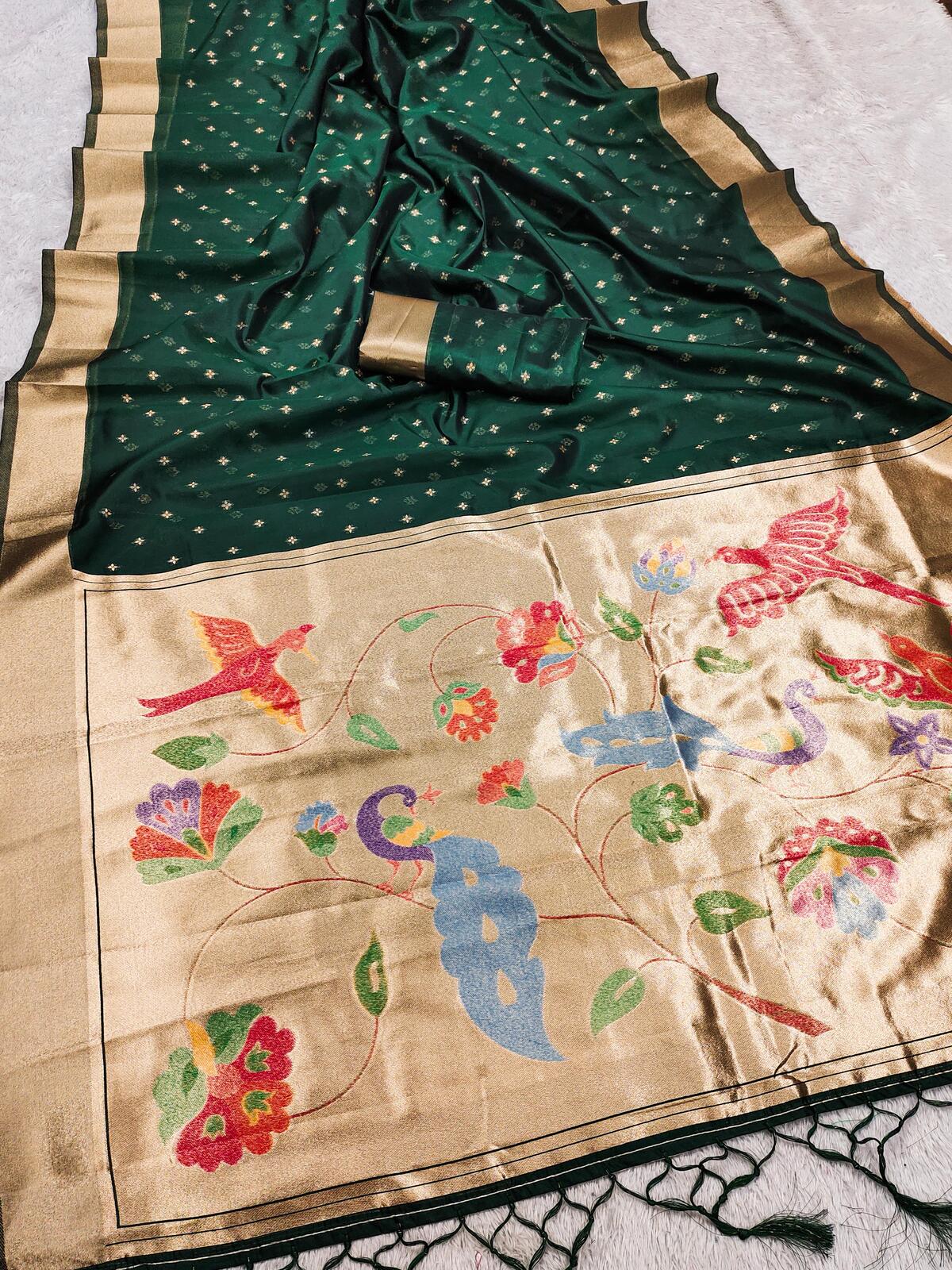 Ineffable Dark Green Organza Paithani Silk Saree With Tremendous Blouse Piece