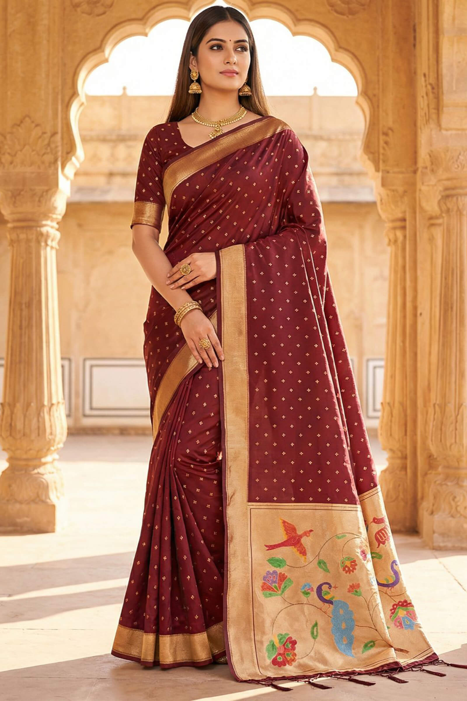 Pleasant Maroon Organza Paithani Silk Saree With Tantalizing Blouse Piece