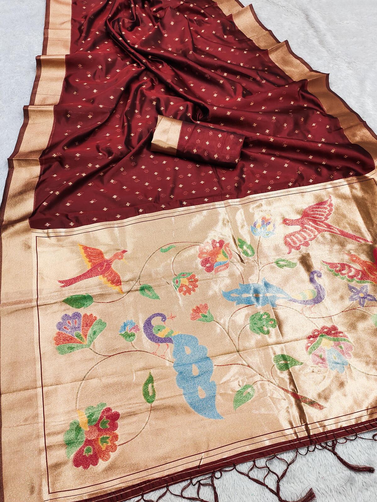 Pleasant Maroon Organza Paithani Silk Saree With Tantalizing Blouse Piece