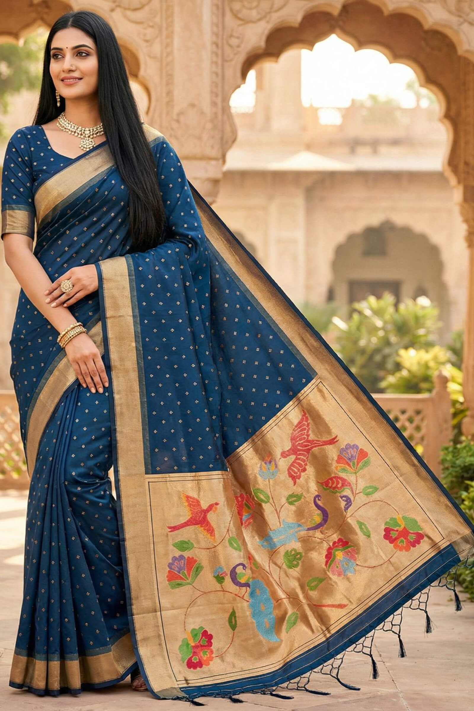 Dulcet Navy Blue Organza Paithani Silk Saree With Gorgeous Blouse Piece