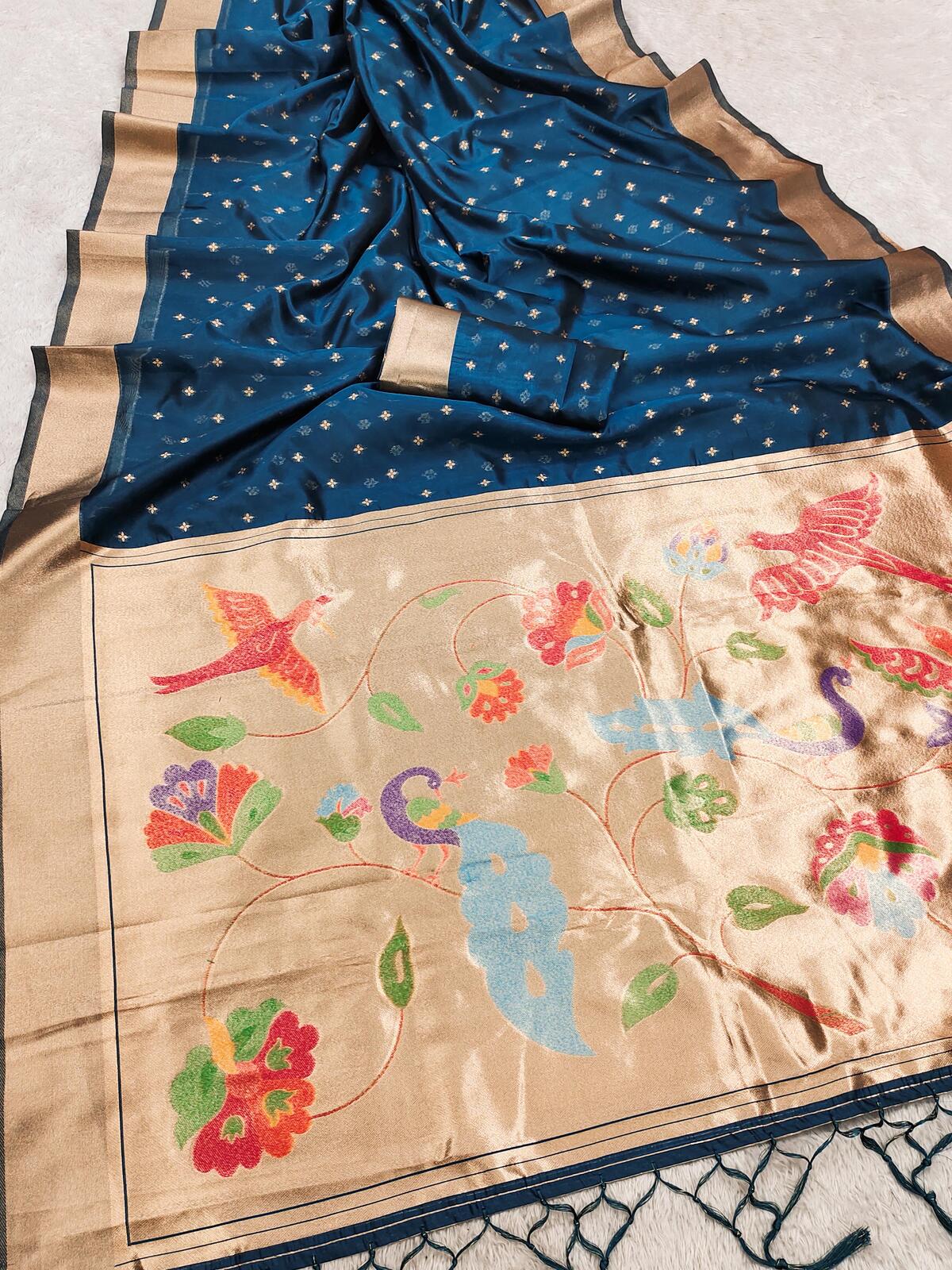Dulcet Navy Blue Organza Paithani Silk Saree With Gorgeous Blouse Piece