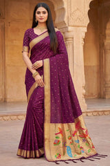 Eclat Wine Organza Paithani Silk Saree With Beautiful Blouse Piece