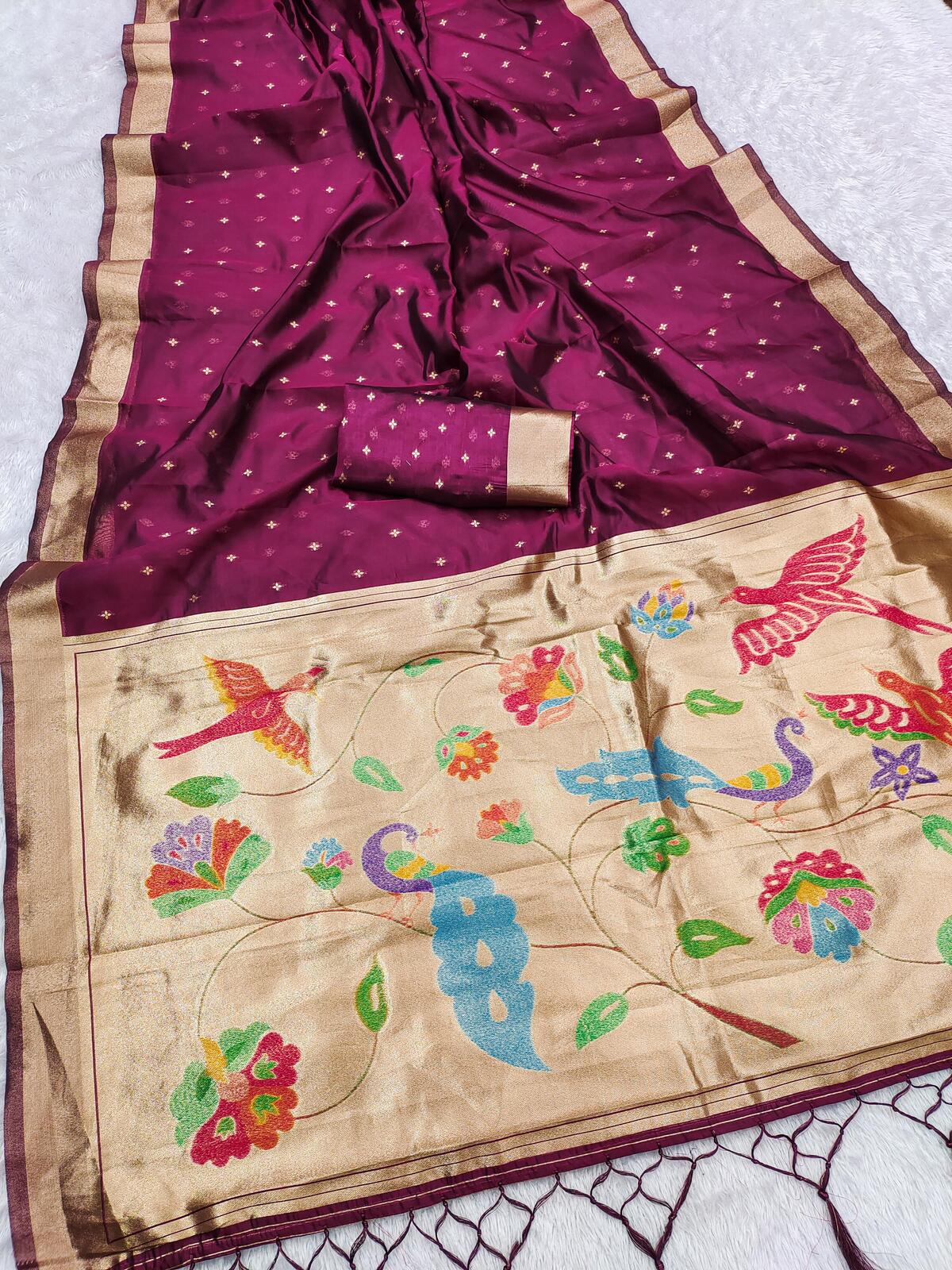 Eclat Wine Organza Paithani Silk Saree With Beautiful Blouse Piece