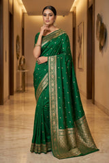 Ethereal Dark Green Pure Zari Weaving Banarasi Silk Saree With Artistic Blouse Piece