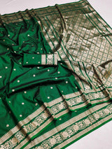 Ethereal Dark Green Pure Zari Weaving Banarasi Silk Saree With Artistic Blouse Piece