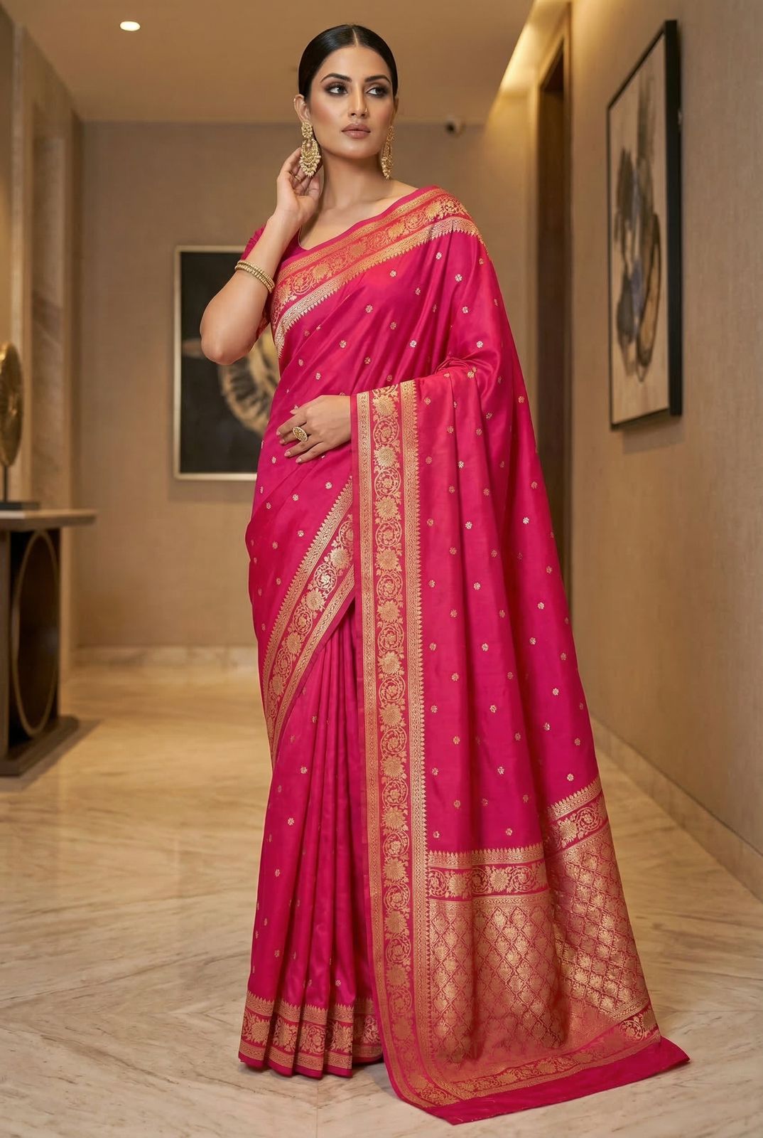Susurrous Dark Pink Pure Zari Weaving Banarasi Silk Saree With Glamorous Blouse Piece