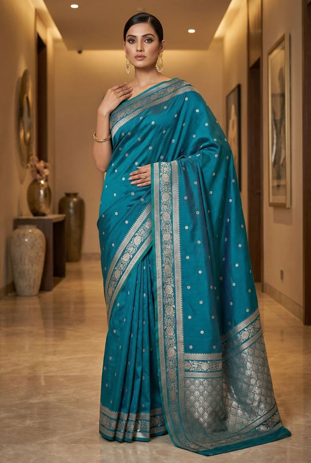 Lustrous Firozi Pure Zari Weaving Banarasi Silk Saree With Beguiling Blouse Piece