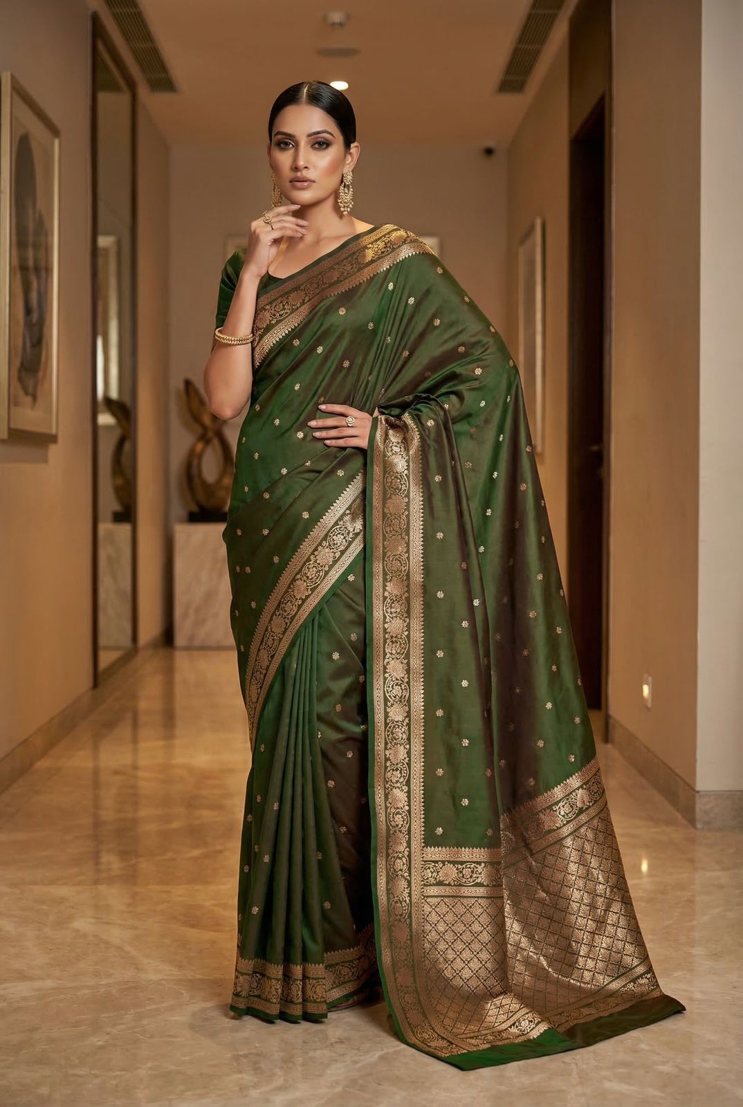 Assemblage Green Pure Zari Weaving Banarasi Silk Saree With Unique Blouse Piece