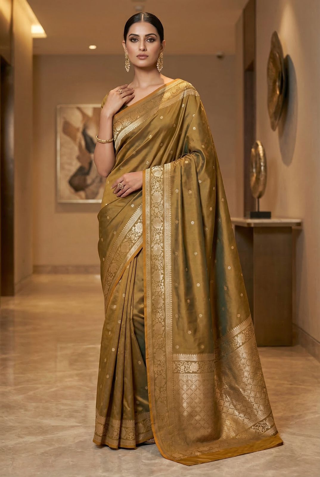 Pretty Mustard Pure Zari Weaving Banarasi Silk Saree With Whimsical Blouse Piece