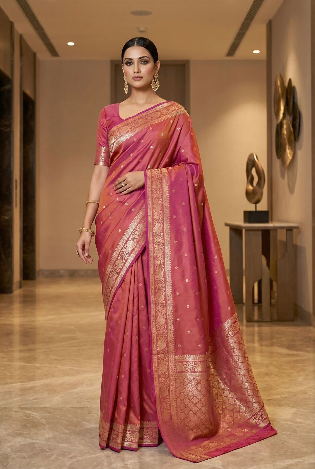 Exemplary Pink Pure Zari Weaving Banarasi Silk Saree With Alluring Blouse Piece