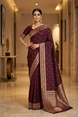 Flattering Wine Pure Zari Weaving Banarasi Silk Saree With Groovy Blouse Piece