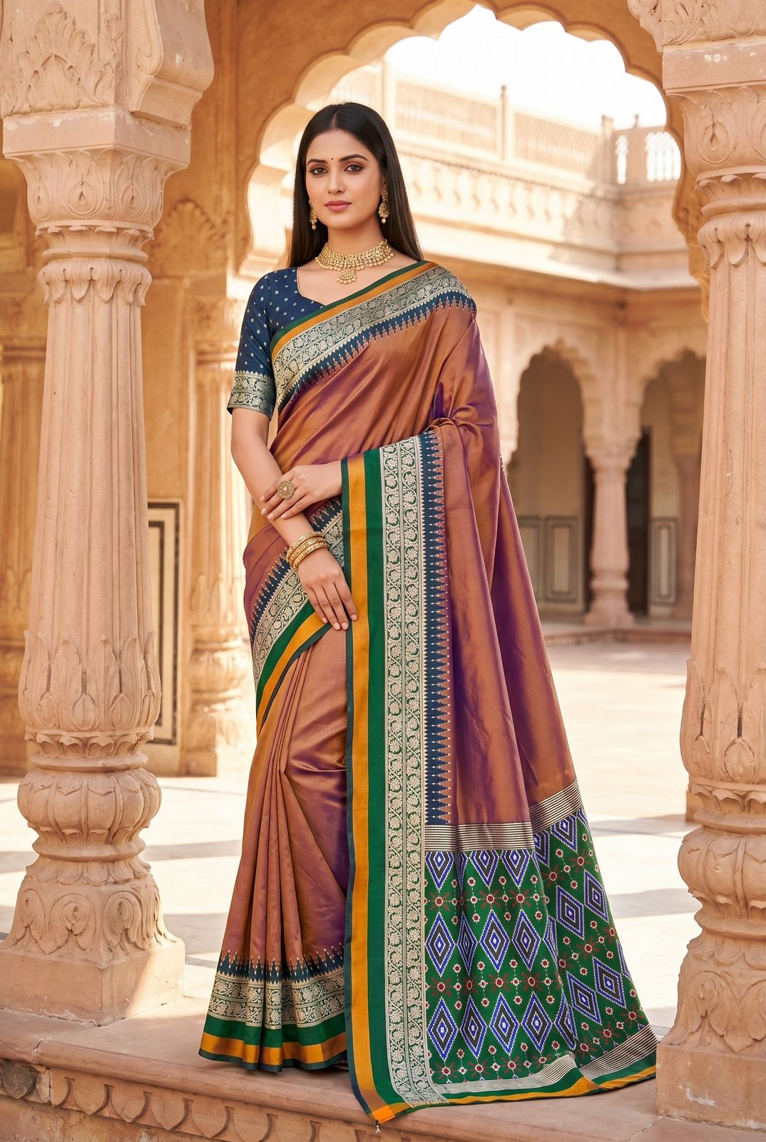 Luminous Brown Pure Zari Weaving Banarasi Silk Saree With Serendipity Blouse Piece
