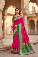 Zephyr Dark Pink Pure Zari Weaving Banarasi Silk Saree With Impressive Blouse Piece