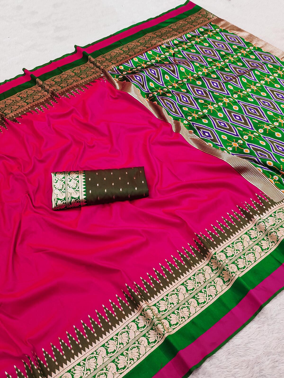 Zephyr Dark Pink Pure Zari Weaving Banarasi Silk Saree With Impressive Blouse Piece
