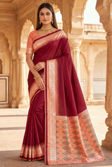 Scintilla Maroon Pure Zari Weaving Banarasi Silk Saree With Gossamer Blouse Piece