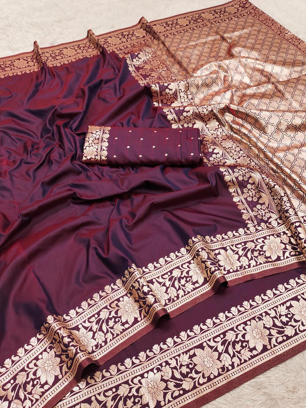 Breathtaking Wine Pure Zari Weaving Banarasi Silk Saree With Desuetude Blouse Piece