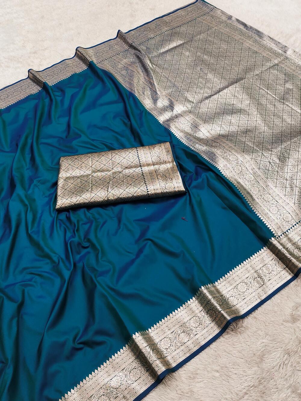 Classy Blue Pure Zari Weaving Banarasi Silk Saree With Whimsical Blouse Piece