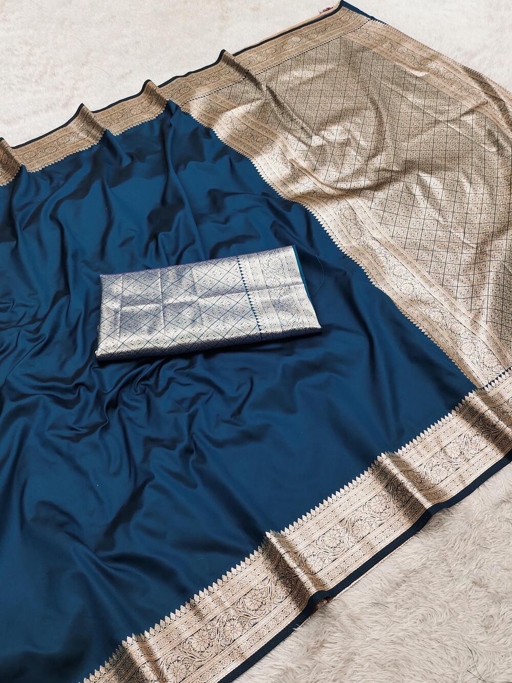 Proficient Teal Blue Pure Zari Weaving Banarasi Silk Saree With Luxuriant Blouse Piece