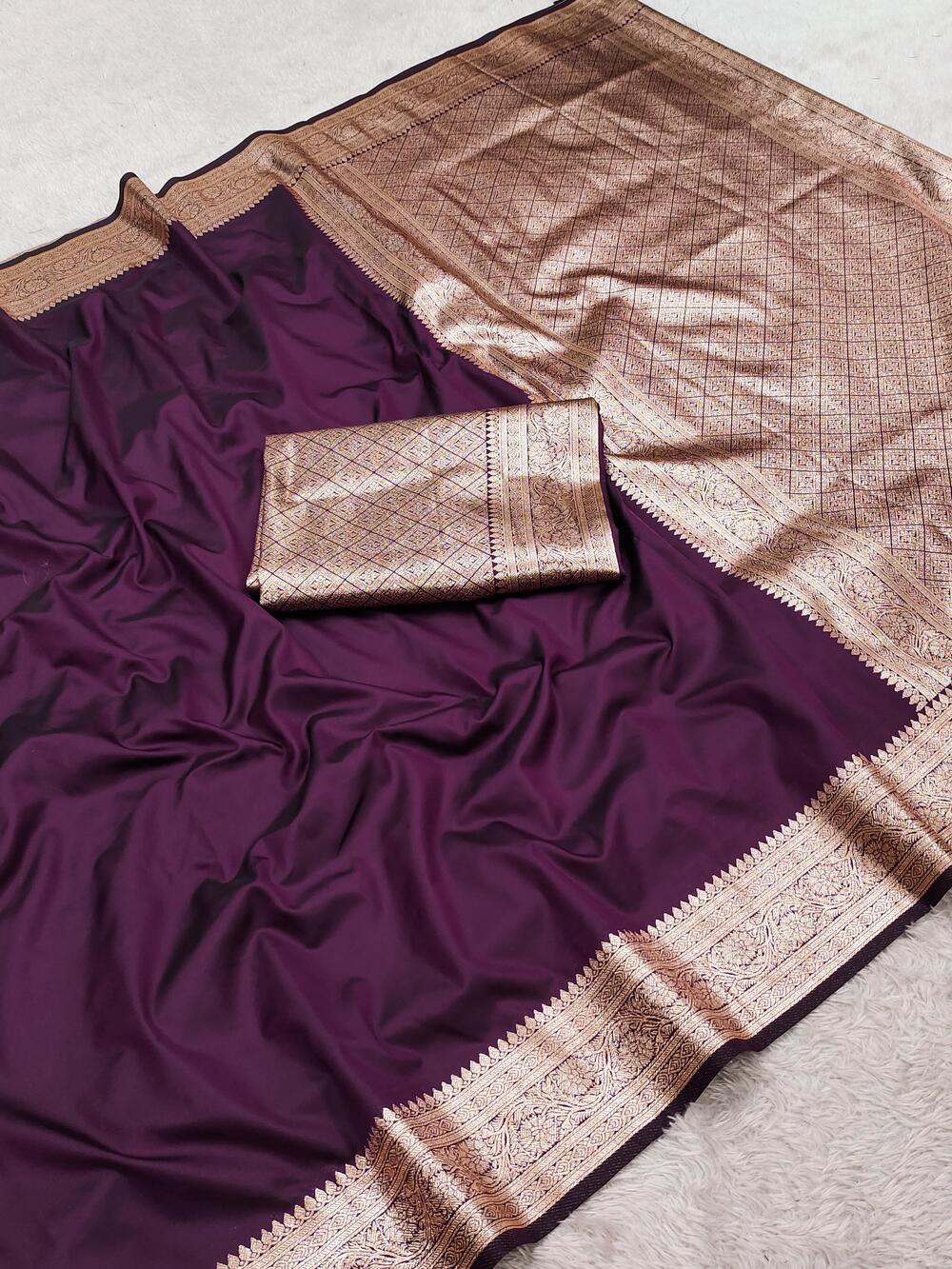 Bucolic Wine Pure Zari Weaving Banarasi Silk Saree With Comely Blouse Piece