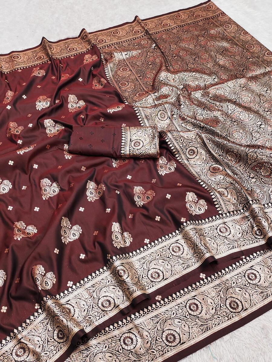 Woebegone Brown Pure Zari Weaving Banarasi Silk Saree With Palimpsest Blouse Piece