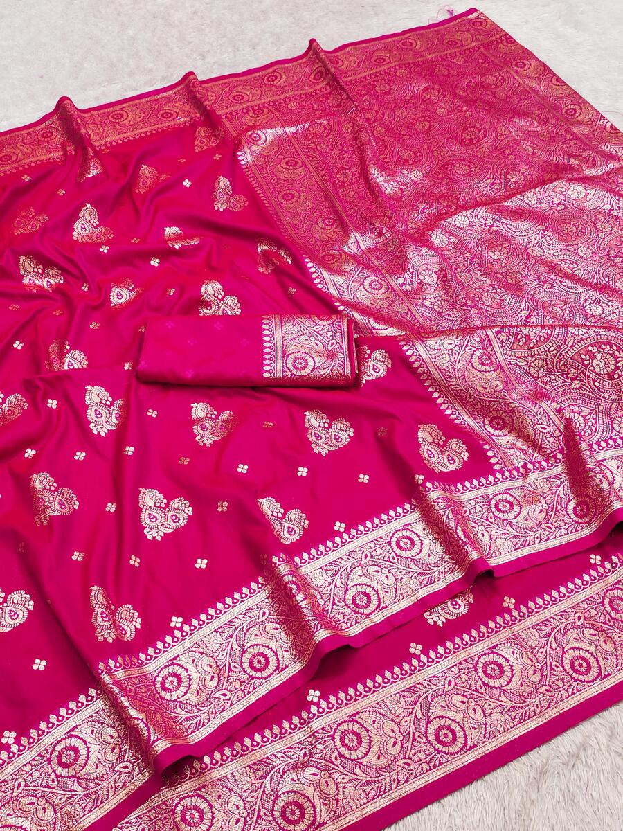 Splendiferous Dark Pink Pure Zari Weaving Banarasi Silk Saree With Prettiest Blouse Piece