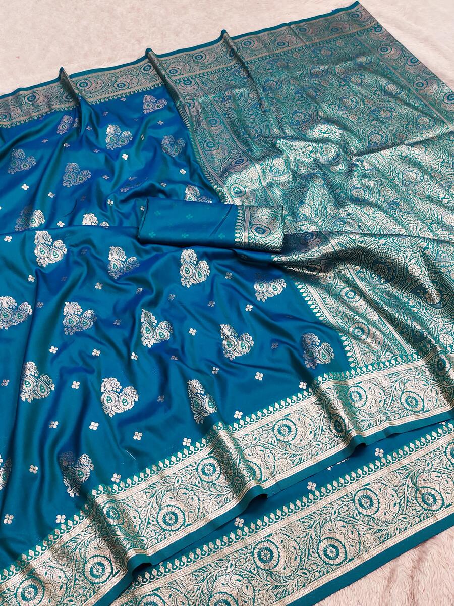 Mellifluous Firozi Pure Zari Weaving Banarasi Silk Saree With Magnificat Blouse Piece