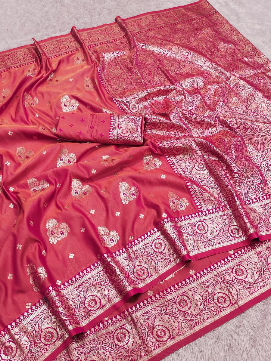 Supernal Pink Pure Zari Weaving Banarasi Silk Saree With Radiant Blouse Piece