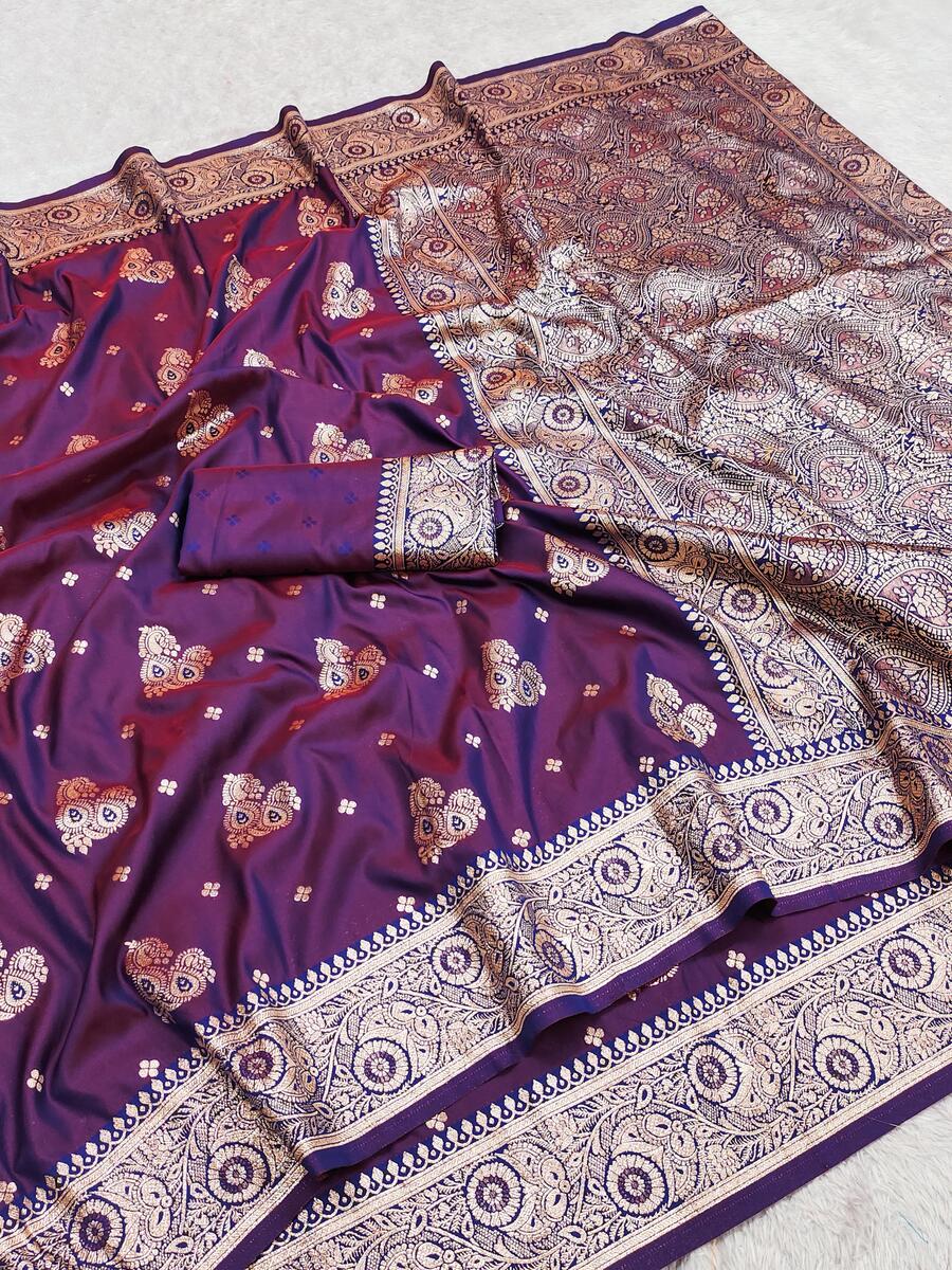 Skinny Purple Pure Zari Weaving Banarasi Silk Saree With Invaluable Blouse Piece
