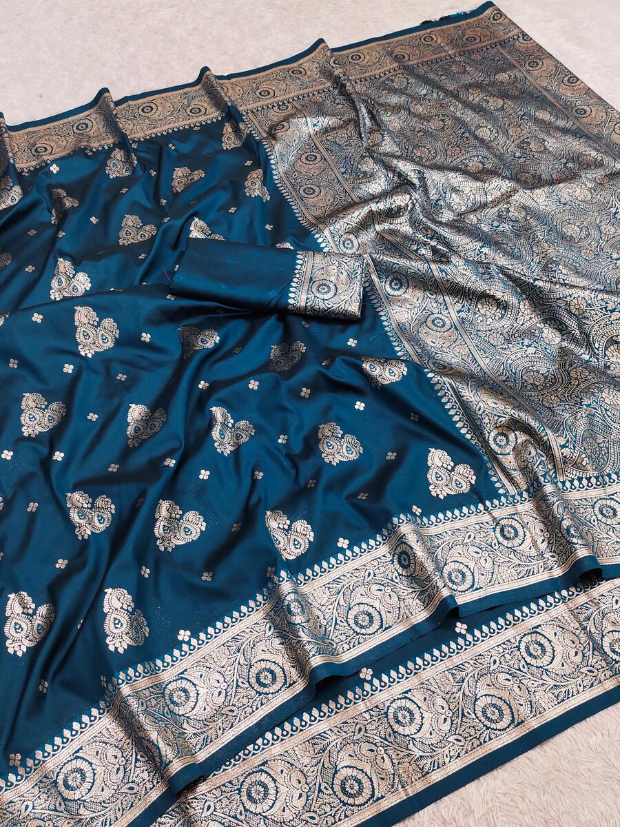 Refreshing Teal Blue Pure Zari Weaving Banarasi Silk Saree With Jazzy Blouse Piece