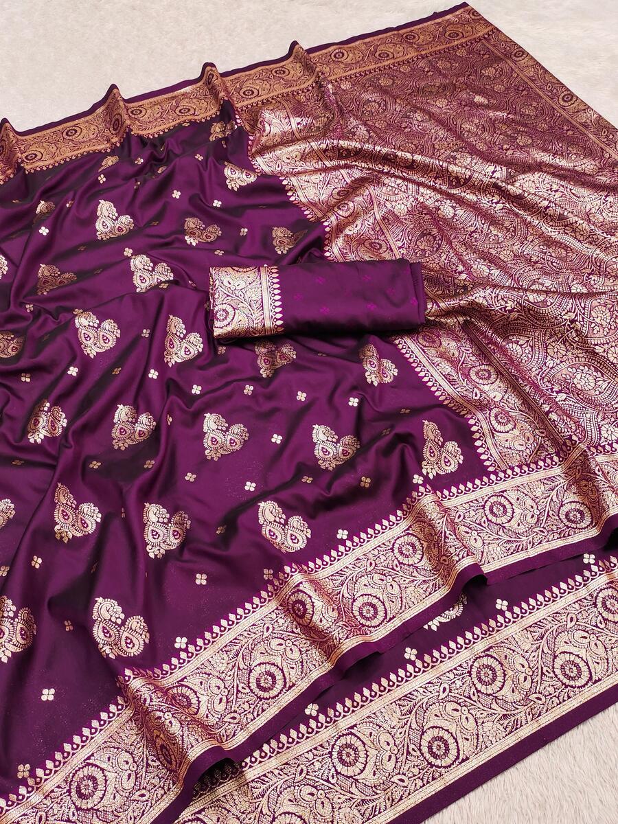 Amazing Wine Pure Zari Weaving Banarasi Silk Saree With Tantalizing Blouse Piece