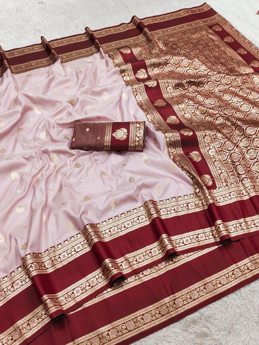 Imbrication Baby Pink Pure Zari Weaving Banarasi Silk Saree With Serendipity Blouse Piece