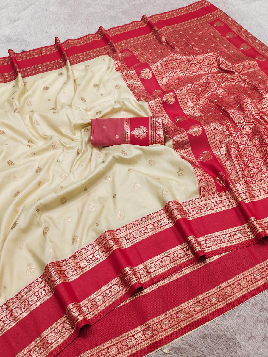 Angelic Beige Pure Zari Weaving Banarasi Silk Saree With Ornate Blouse Piece