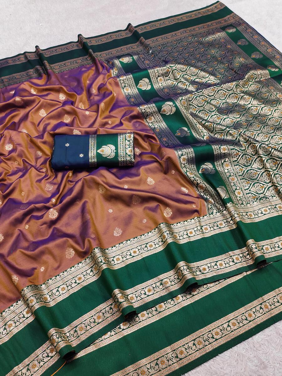 Gratifying Brown Pure Zari Weaving Banarasi Silk Saree With Flattering Blouse Piece