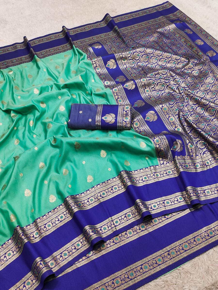 Preferable Firozi Pure Zari Weaving Banarasi Silk Saree With Traditional Blouse Piece