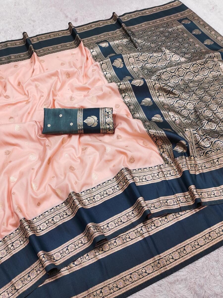 Divine Peach Pure Zari Weaving Banarasi Silk Saree With Dulcet Blouse Piece