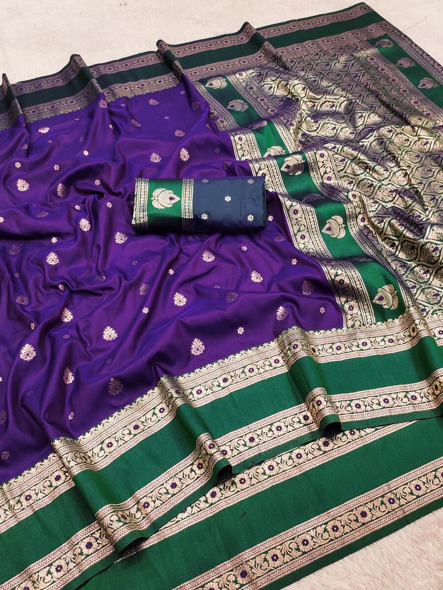 Mesmerising Purple Pure Zari Weaving Banarasi Silk Saree With Flaunt Blouse Piece