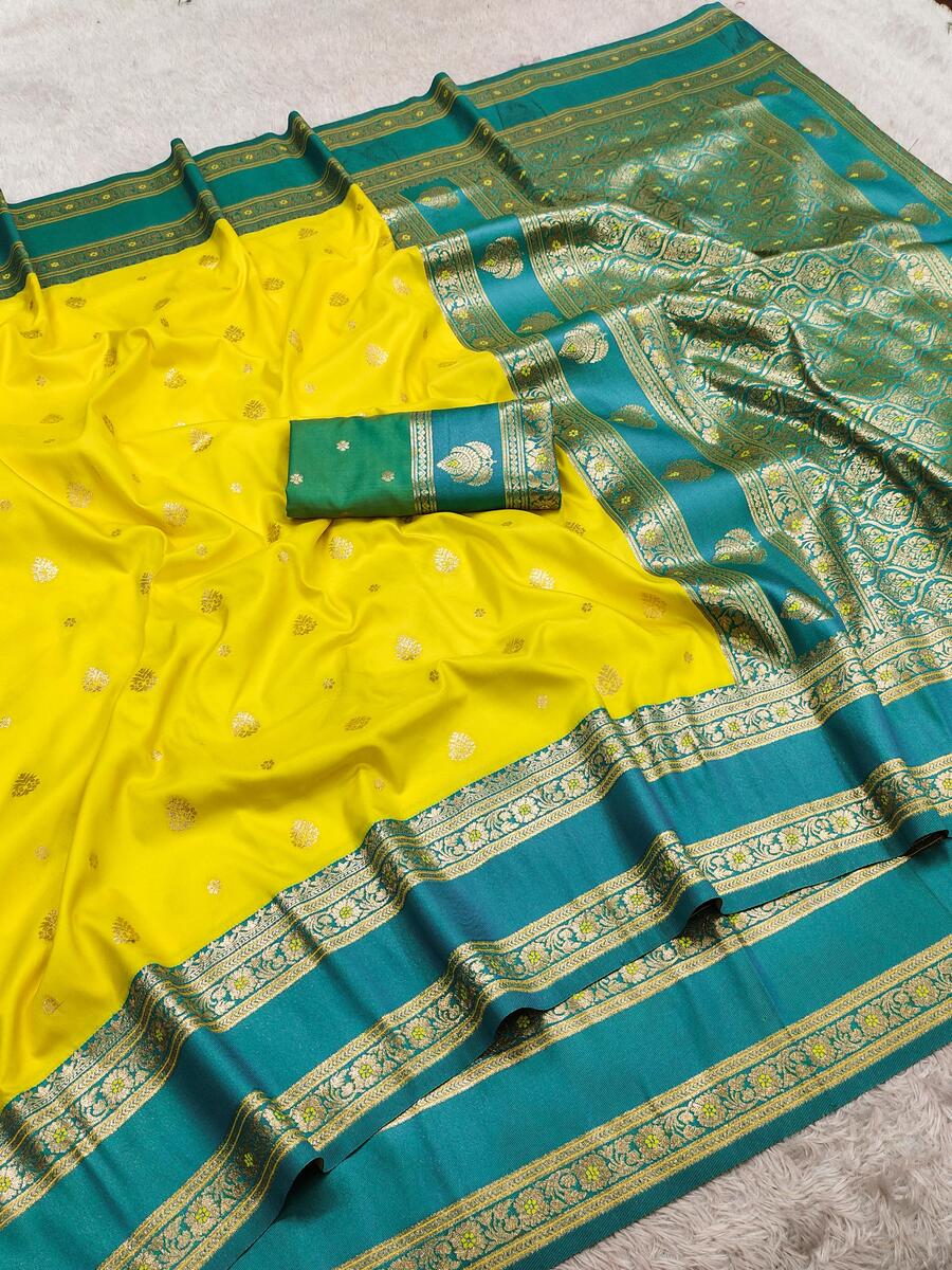 Demesne Yellow Pure Zari Weaving Banarasi Silk Saree With Scintillating Blouse Piece